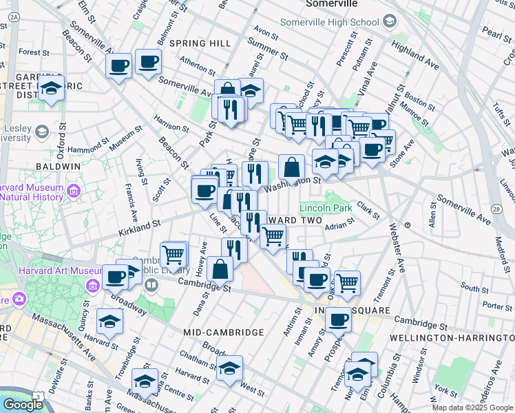 map of restaurants, bars, coffee shops, grocery stores, and more near 24 Beacon Place in Somerville