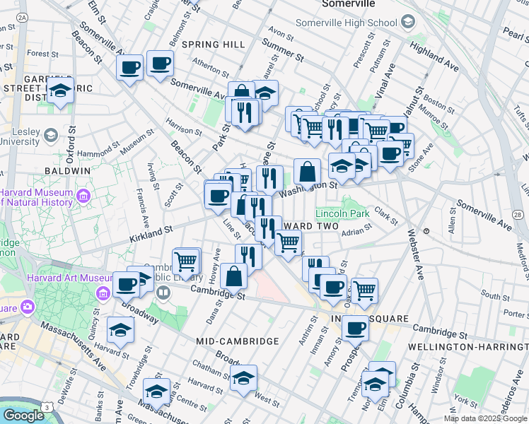 map of restaurants, bars, coffee shops, grocery stores, and more near 24 Beacon Place in Somerville