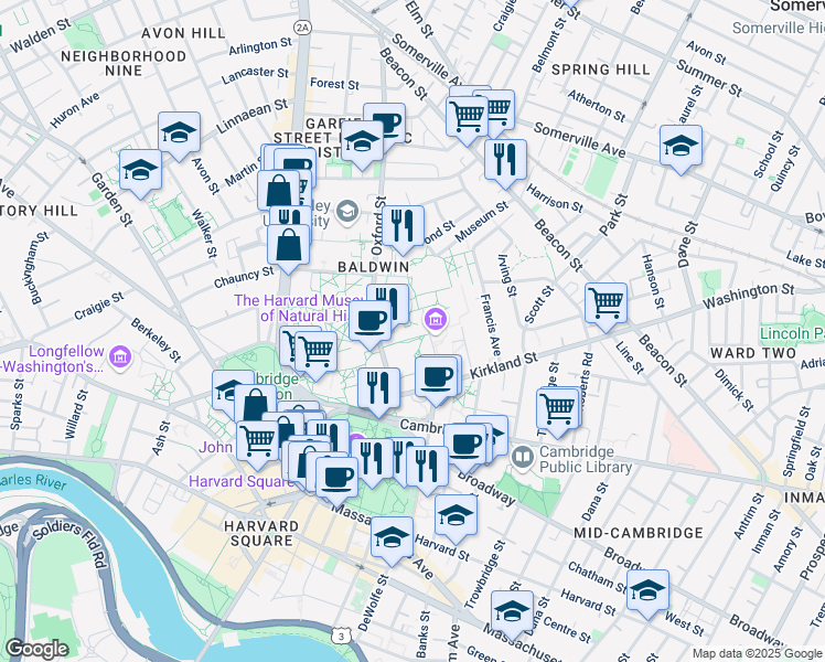 map of restaurants, bars, coffee shops, grocery stores, and more near 24 Oxford Street in Cambridge