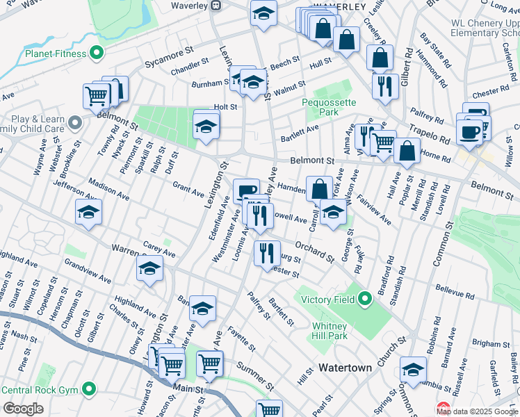 map of restaurants, bars, coffee shops, grocery stores, and more near 5 Lowell Avenue in Watertown
