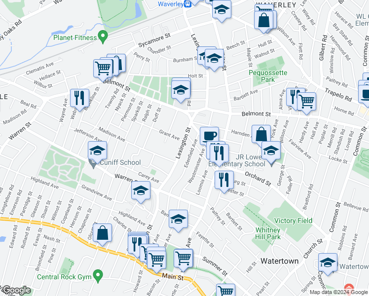 map of restaurants, bars, coffee shops, grocery stores, and more near 270 Lexington Street in Watertown