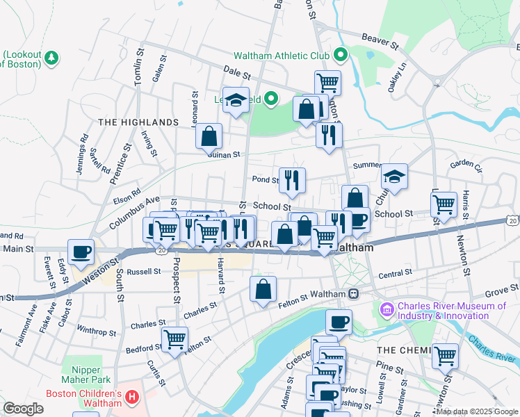 map of restaurants, bars, coffee shops, grocery stores, and more near 228R School Street in Waltham