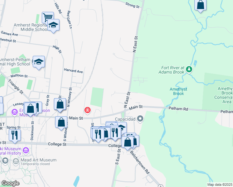map of restaurants, bars, coffee shops, grocery stores, and more near 34 North East Street in Amherst