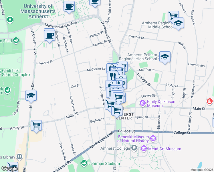 map of restaurants, bars, coffee shops, grocery stores, and more near 168 North Pleasant Street in Amherst