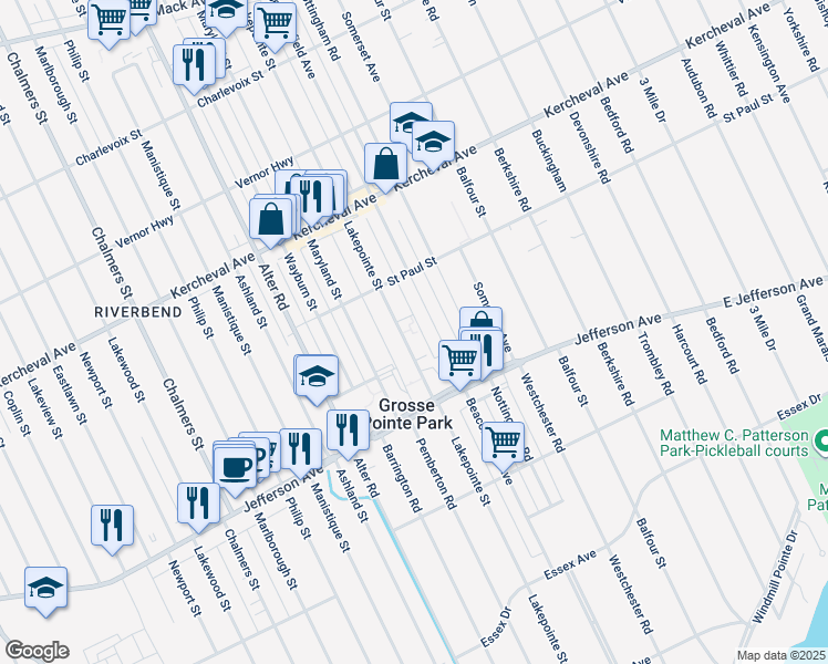 map of restaurants, bars, coffee shops, grocery stores, and more near 1029 Beaconsfield Avenue in Grosse Pointe Park