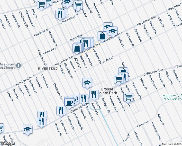 map of restaurants, bars, coffee shops, grocery stores, and more near 1051 Maryland Street in Grosse Pointe Park