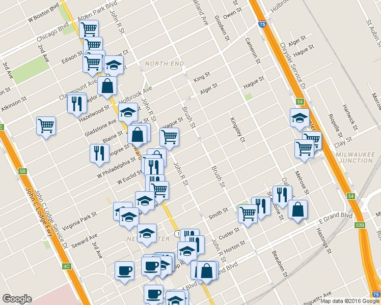 map of restaurants, bars, coffee shops, grocery stores, and more near 254 East Euclid Street in Detroit