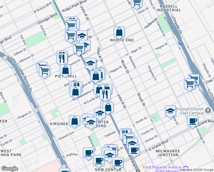 map of restaurants, bars, coffee shops, grocery stores, and more near 30 East Philadelphia Street in Detroit