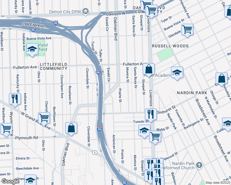 map of restaurants, bars, coffee shops, grocery stores, and more near 12135 Prairie Street in Detroit