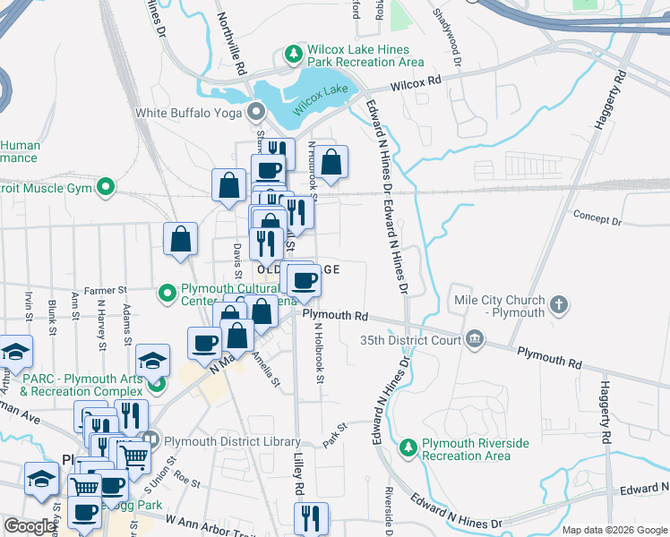 map of restaurants, bars, coffee shops, grocery stores, and more near 550 North Holbrook Street in Plymouth