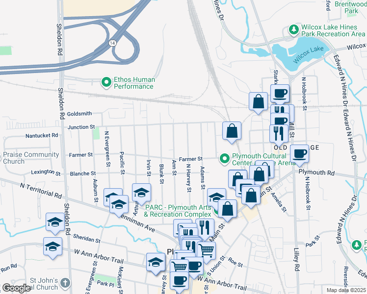map of restaurants, bars, coffee shops, grocery stores, and more near 558 Ann Street in Plymouth