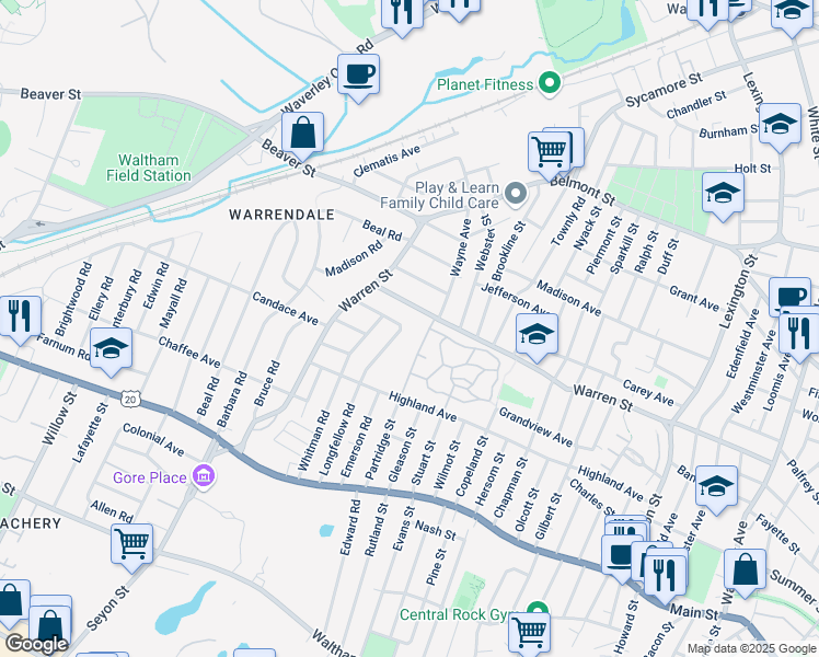 map of restaurants, bars, coffee shops, grocery stores, and more near 147 Longfellow Road in Waltham