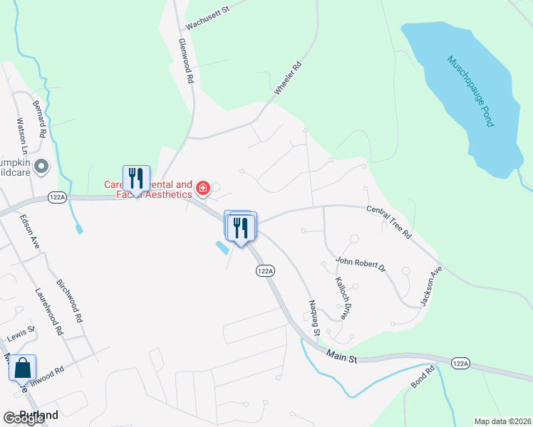 map of restaurants, bars, coffee shops, grocery stores, and more near 11 Central Tree Road in Rutland