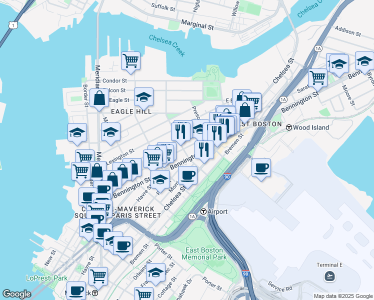 map of restaurants, bars, coffee shops, grocery stores, and more near 305 Saratoga Street in Boston