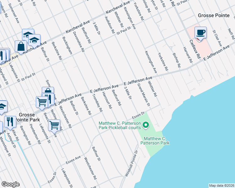map of restaurants, bars, coffee shops, grocery stores, and more near 920 Bedford Road in Grosse Pointe Park