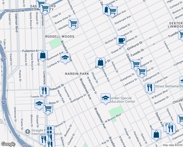 map of restaurants, bars, coffee shops, grocery stores, and more near 11722 North Martindale Street in Detroit