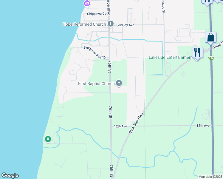 map of restaurants, bars, coffee shops, grocery stores, and more near 10781 76th Street in South Haven