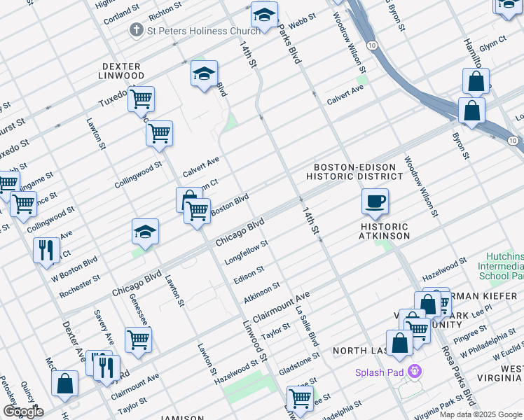map of restaurants, bars, coffee shops, grocery stores, and more near 2324 Chicago Boulevard in Detroit