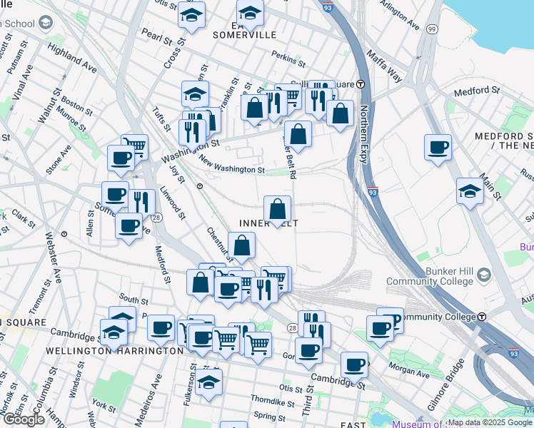 map of restaurants, bars, coffee shops, grocery stores, and more near 61 Inner Belt Road in Somerville