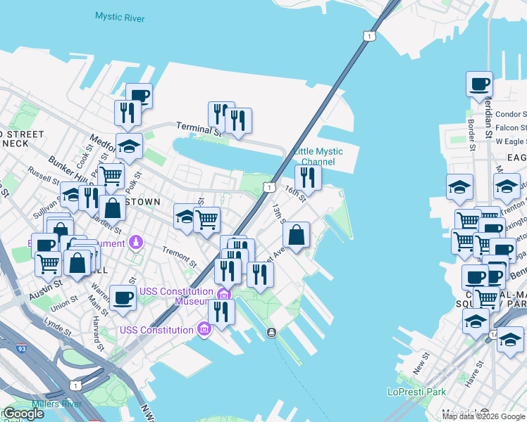 map of restaurants, bars, coffee shops, grocery stores, and more near 86 Chelsea Street in Boston