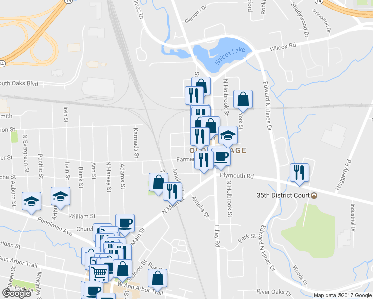map of restaurants, bars, coffee shops, grocery stores, and more near 289 West Spring Street in Plymouth