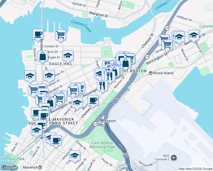 map of restaurants, bars, coffee shops, grocery stores, and more near 354 Chelsea Street in Boston