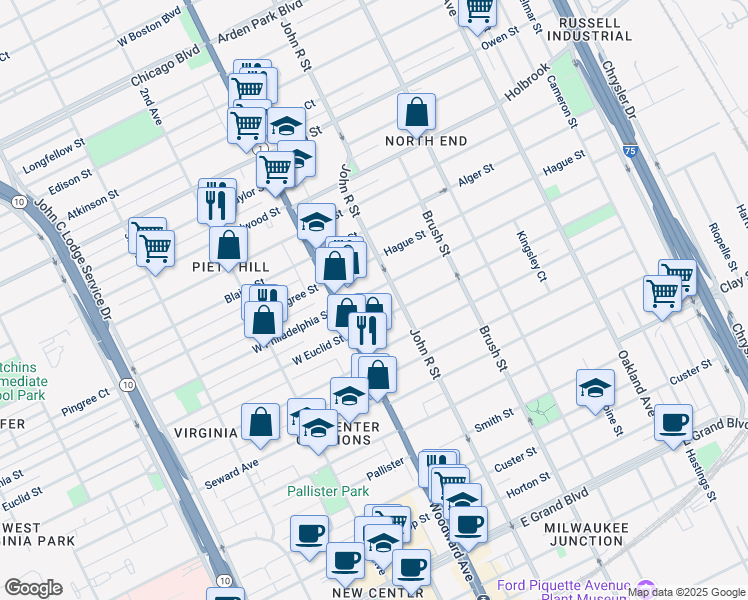 map of restaurants, bars, coffee shops, grocery stores, and more near 30 East Philadelphia Street in Detroit