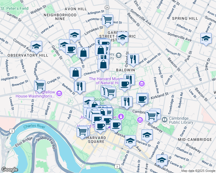 map of restaurants, bars, coffee shops, grocery stores, and more near 1557 Massachusetts Avenue in Cambridge