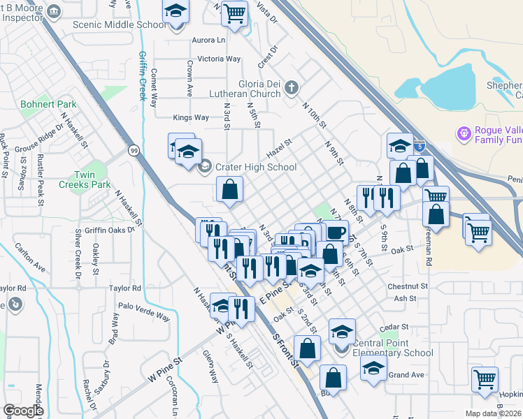 map of restaurants, bars, coffee shops, grocery stores, and more near 335 Maple Street in Central Point
