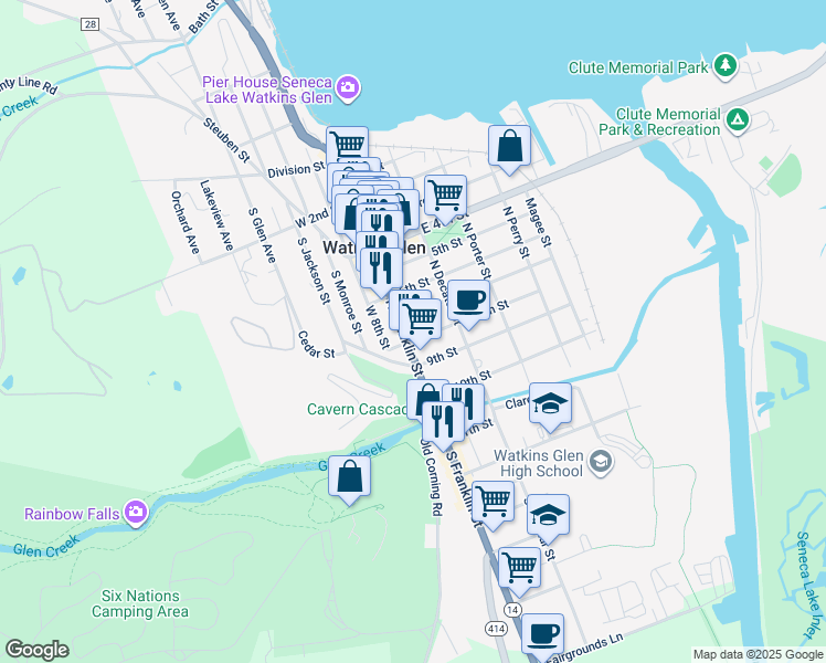 map of restaurants, bars, coffee shops, grocery stores, and more near 419 South Madison Avenue in Watkins Glen