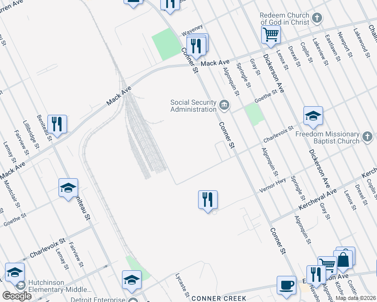 map of restaurants, bars, coffee shops, grocery stores, and more near 12141 Charlevoix Street in Detroit