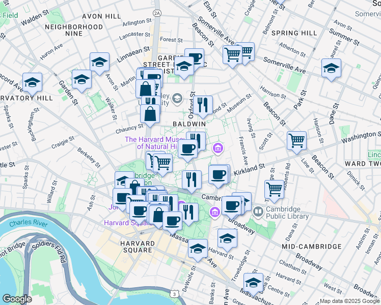 map of restaurants, bars, coffee shops, grocery stores, and more near 30 Oxford Street in Cambridge