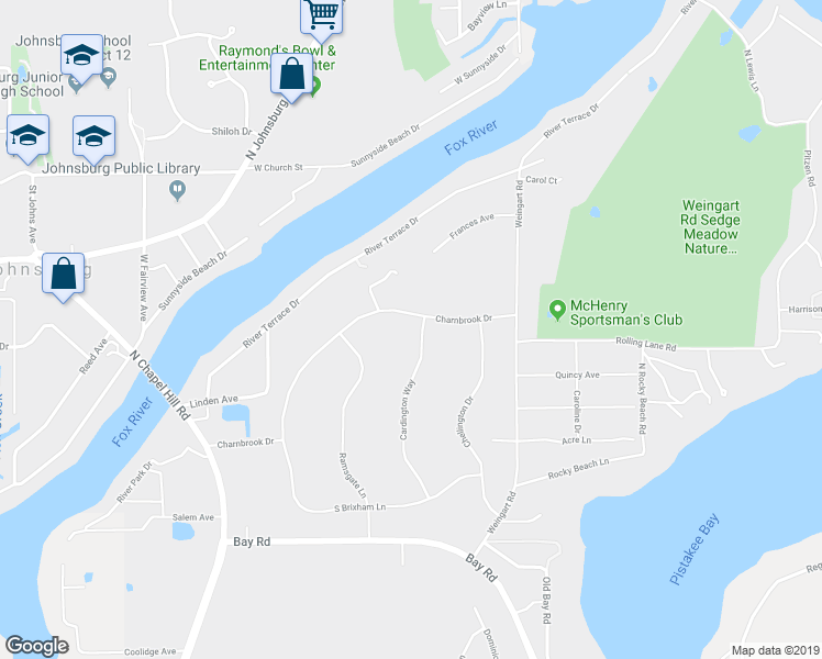 map of restaurants, bars, coffee shops, grocery stores, and more near 3423 Cardington Way in Johnsburg