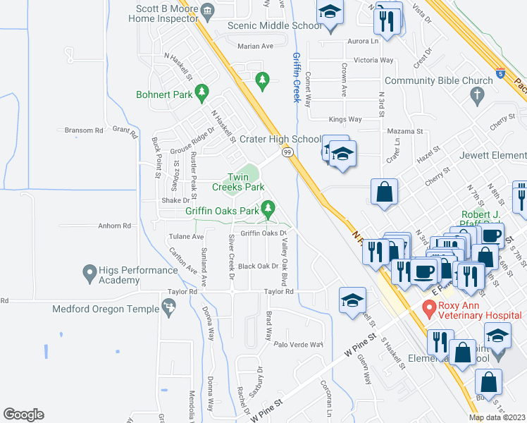 map of restaurants, bars, coffee shops, grocery stores, and more near 541 Blue Moon Drive in Central Point
