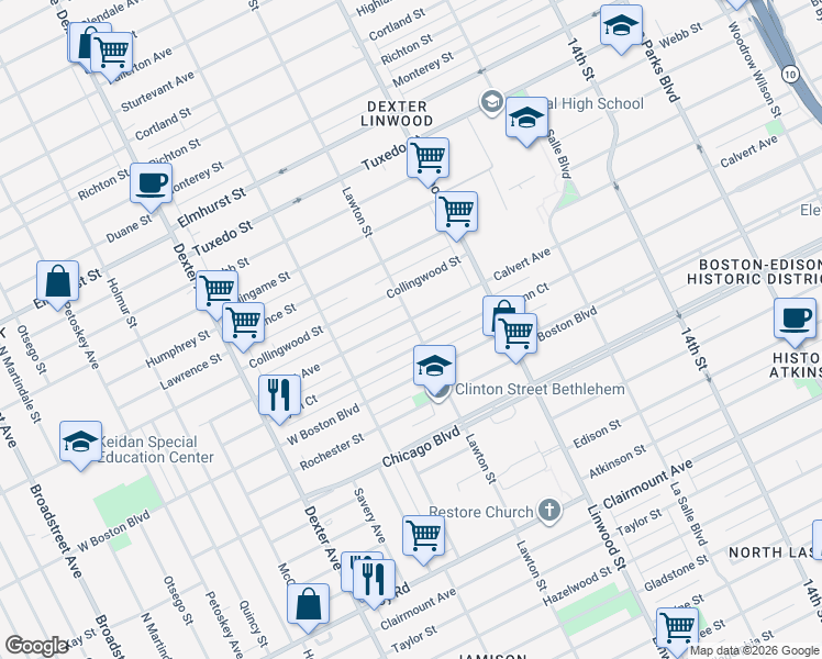 map of restaurants, bars, coffee shops, grocery stores, and more near 2750 Glynn Court in Detroit