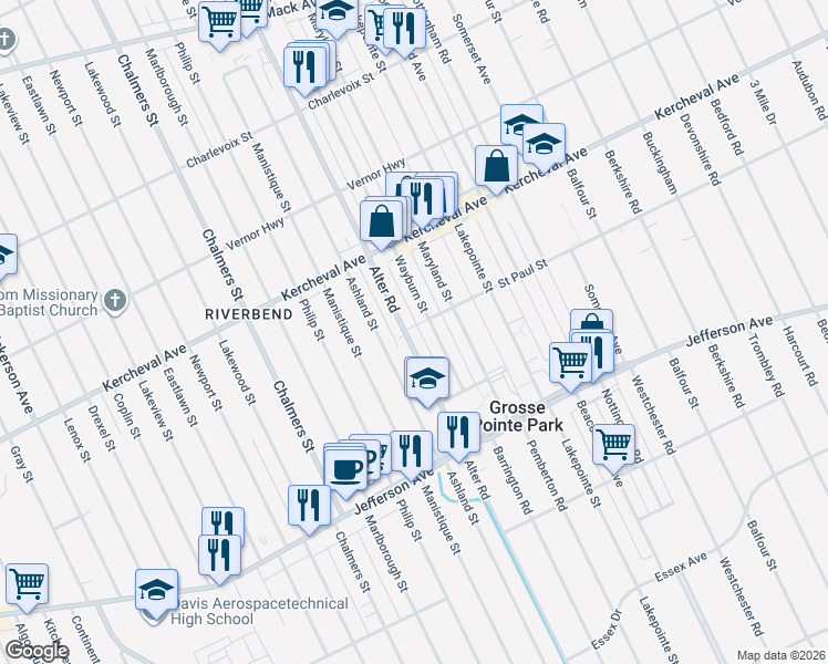 map of restaurants, bars, coffee shops, grocery stores, and more near 1332 Alter Road in Detroit