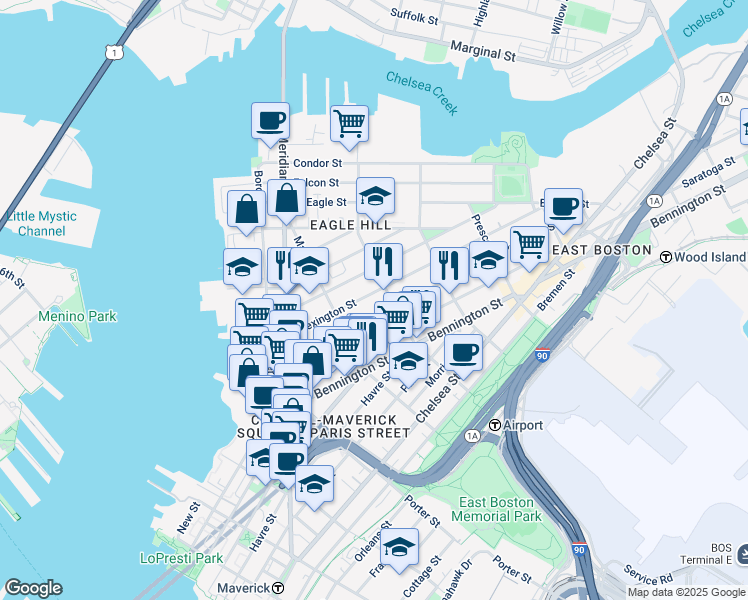 map of restaurants, bars, coffee shops, grocery stores, and more near 129 Lexington Street in Boston