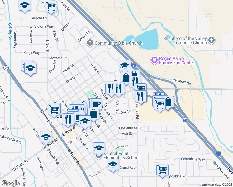 map of restaurants, bars, coffee shops, grocery stores, and more near 919 East Pine Street in Central Point