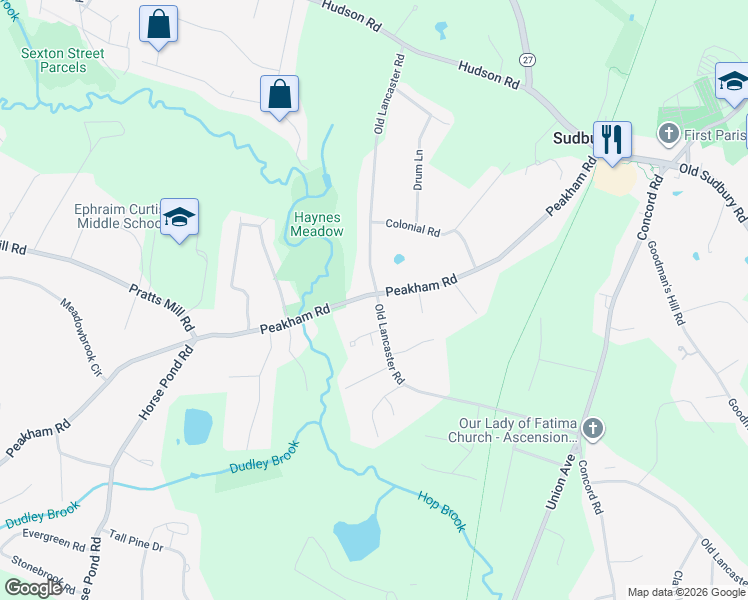 map of restaurants, bars, coffee shops, grocery stores, and more near 317 Old Lancaster Road in Sudbury
