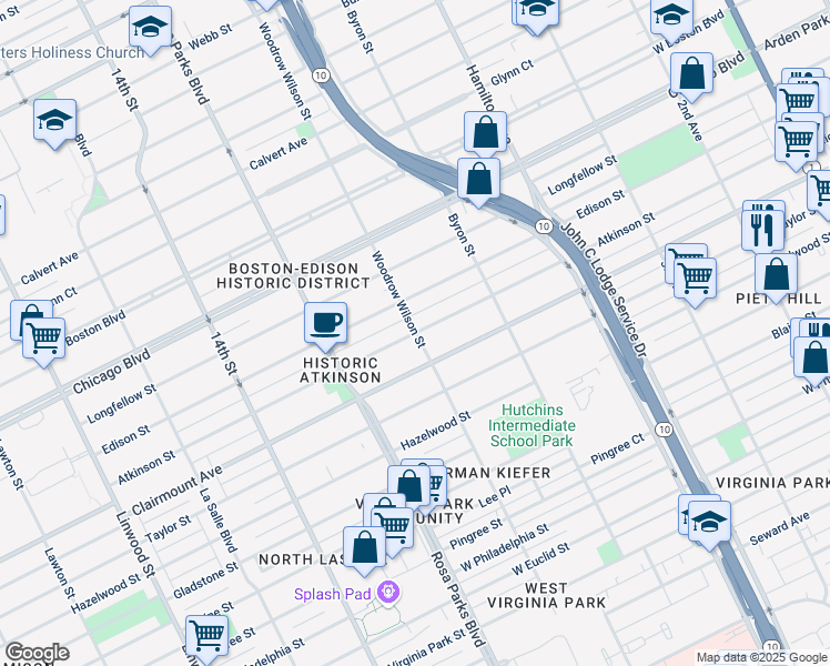 map of restaurants, bars, coffee shops, grocery stores, and more near 1605 Atkinson Street in Detroit