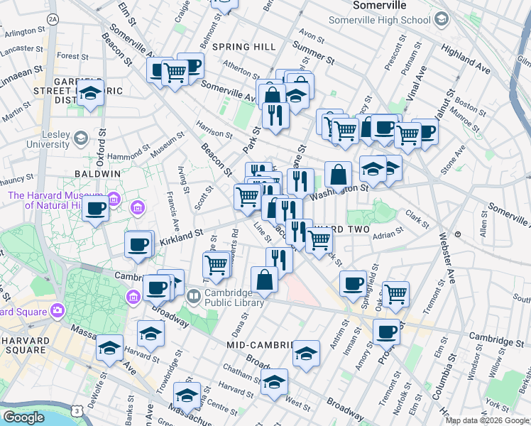 map of restaurants, bars, coffee shops, grocery stores, and more near Washington St & Beacon St in Somerville