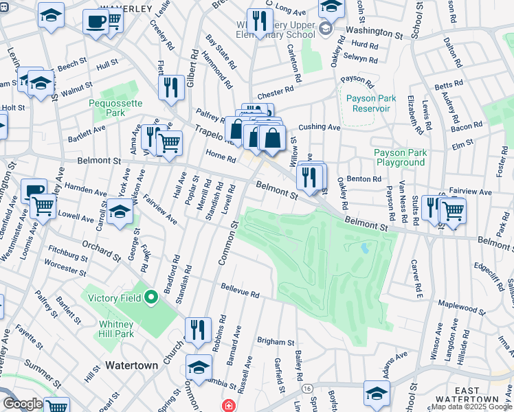 map of restaurants, bars, coffee shops, grocery stores, and more near 25 Avon Rd in Watertown