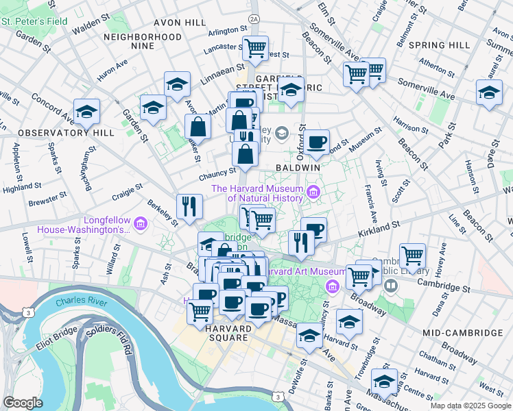 map of restaurants, bars, coffee shops, grocery stores, and more near 1557 Massachusetts Avenue in Cambridge