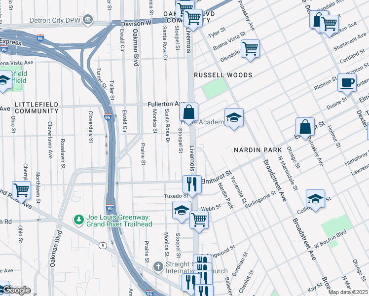 map of restaurants, bars, coffee shops, grocery stores, and more near 12148 Stoepel Street in Detroit