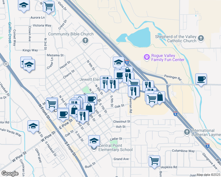 map of restaurants, bars, coffee shops, grocery stores, and more near 919 East Pine Street in Central Point