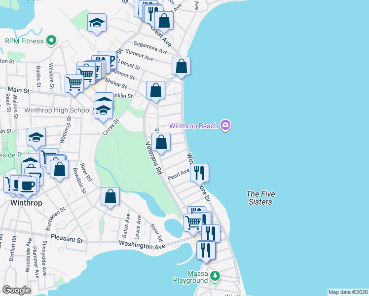 map of restaurants, bars, coffee shops, grocery stores, and more near 162 Winthrop Shore Drive in Winthrop