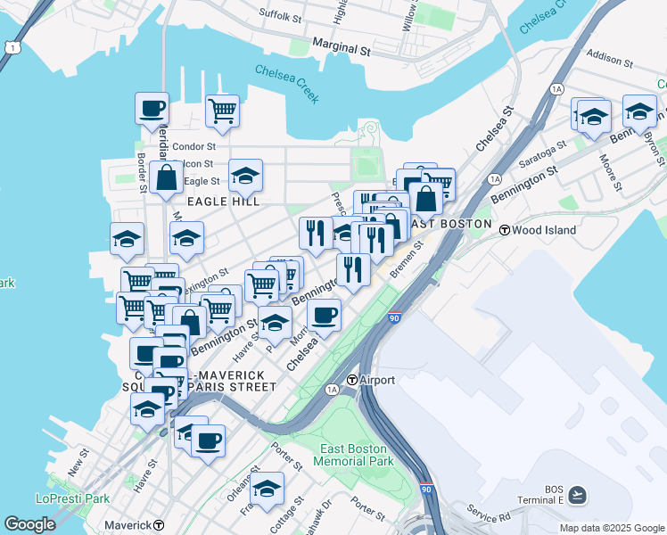map of restaurants, bars, coffee shops, grocery stores, and more near 216 Bennington Street in Boston