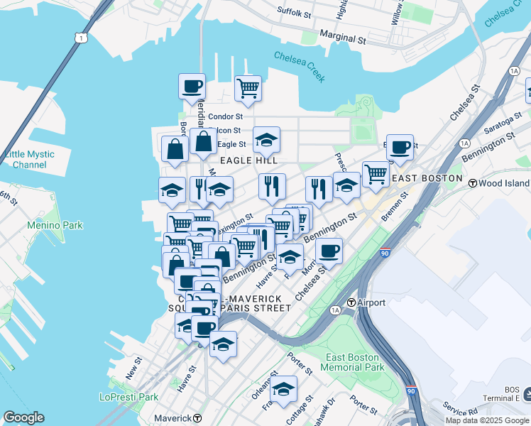 map of restaurants, bars, coffee shops, grocery stores, and more near 129 Lexington Street in Boston
