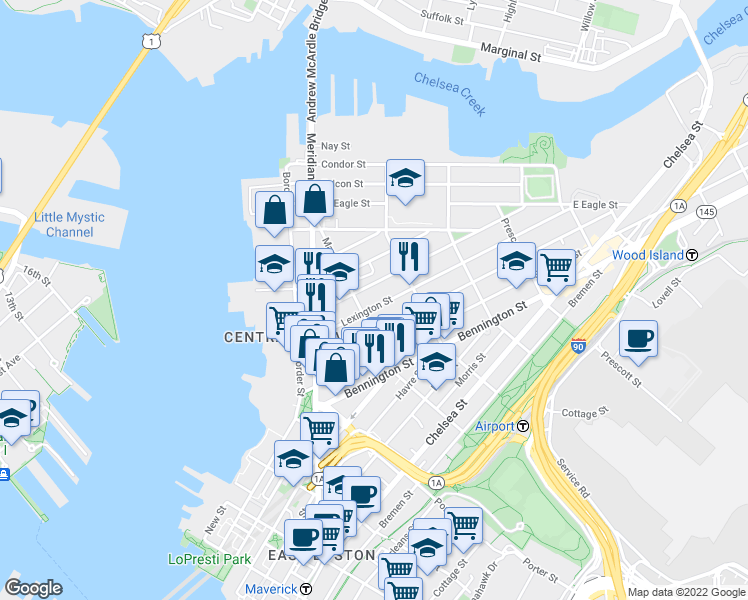map of restaurants, bars, coffee shops, grocery stores, and more near in Boston