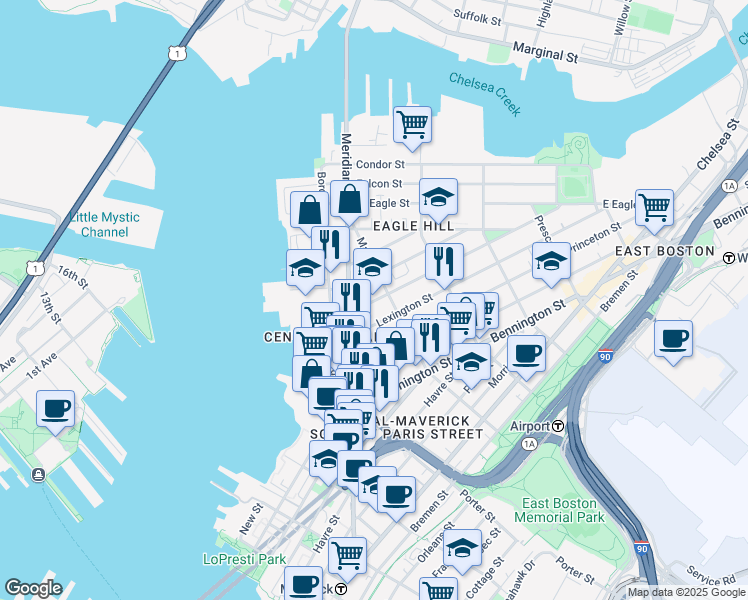 map of restaurants, bars, coffee shops, grocery stores, and more near 7 Trenton Street in Boston